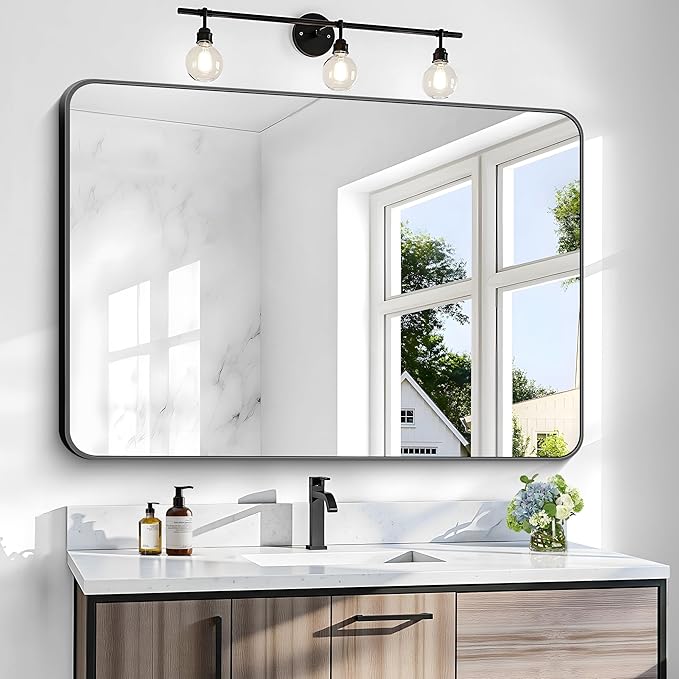 36x48 inch Bathroom Mirror,Black Rectangle Mirror,Wall Mounted Bathroom Frame Vanity Mirror with Round Corner for Bedroom Living Room, Entryway Hangs Horizontal or Vertical-StrideForce Fitness