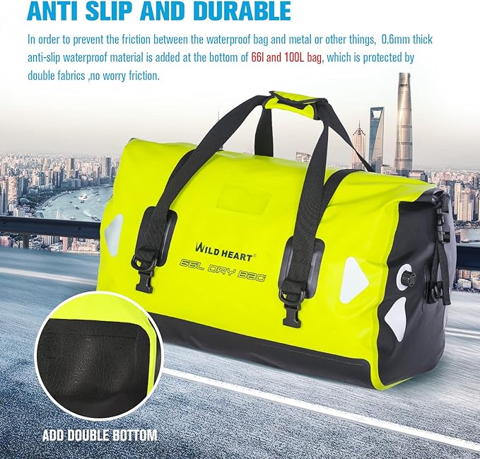 WILD HEART Waterproof Motorcycle Duffel Bag PVC500D Double-bottom With Rope Straps and Inner Pocket 40L 66L 100L for Kayaking, Camping, Boating,Motorcycle-StrideForce Fitness