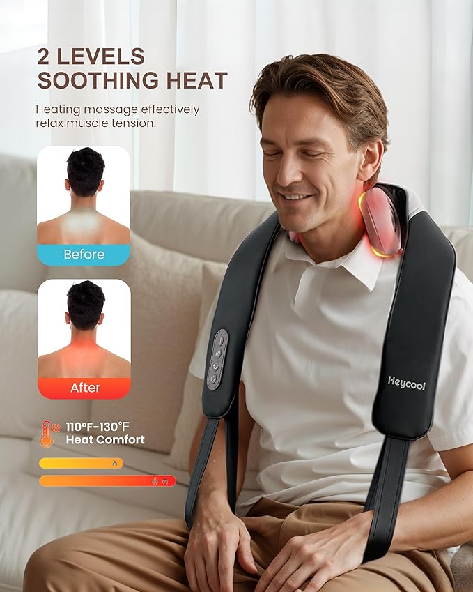 Cordless Neck and Shoulder Massager with Heat, Shiatsu Neck Back Massager Deep Tissue, 3 Massage Intensity & 3 Heating Area, Gifts for Women, Men