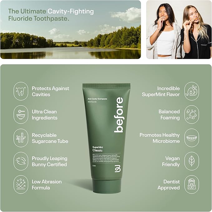 Before | Classic Anti-Cavity Toothpaste | Vegan, Reduces Plaque for Gum Health, Balanced Foaming, Low Abrasion, Long Lasting Minty Fresh Breath, Plant-Based 3.5oz Tubes, Made in The USA — 2 Pack