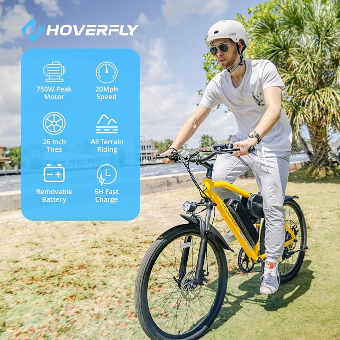 HOVERFLY OUREA 26" Electric Bike for Adults, 750W Peak Motor Mountain Ebike, 20MPH Up to 40 Miles, UL2849 Certified, 7-Speed, Removable Battery, Shock Absorber, Fat Tire Commuter E-Bike-StrideForce Fitness