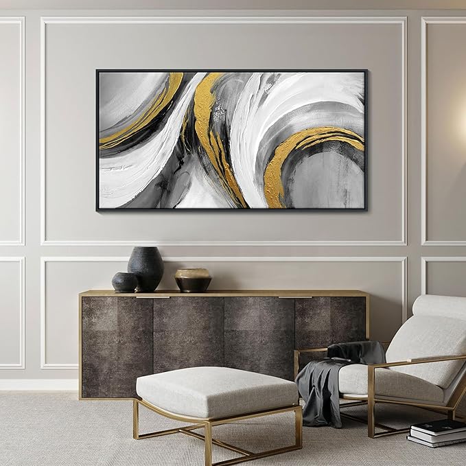 Abstract Large Wall Art - Hand Painted White Gold Tones Abstract Art Black Framed Poster Modern Style for Home Living Room Dining Room Office Hallway Kitchen Decor 24x48 In-StrideForce Fitness