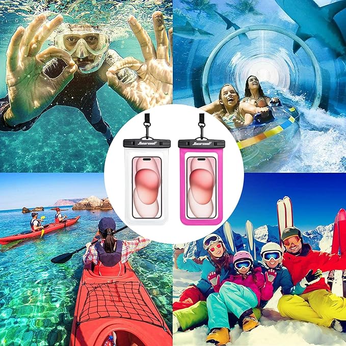 Hiearcool Universal Waterproof Phone Pouch,IPX8 Cell Phone Waterproof Case Up to 8.3" for iPhone 17 16 15 14 13 Pro Max,Beach Essentials Vacation Must Haves-Clear&Bright Red-2Pack-StrideForce Fitness