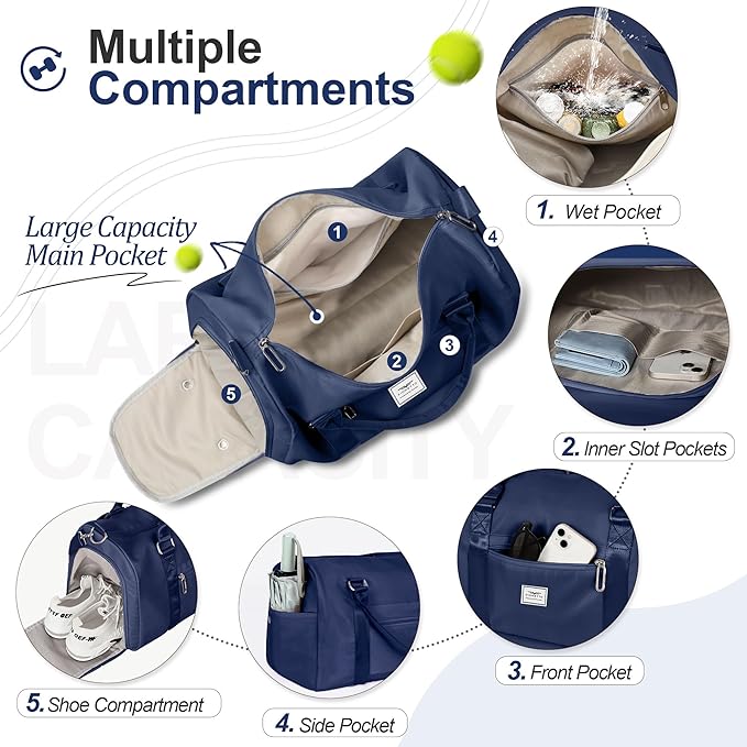 FIORETTO Womens Gym Tote Duffle Bag with Wet Pocket & Shoe Compartment, Sports Duffel Overnight Weekender Hospital Workout Carry on Bag for Girls, Ideal for Travel, Swimming, Dance, Ballet Navy Blue-StrideForce Fitness