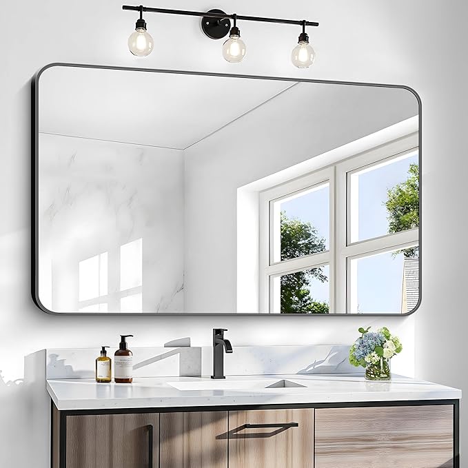 30x48 inch Bathroom Mirror,Black Rectangle Mirror,Wall Mounted Bathroom Frame Vanity Mirror with Round Corner for Bedroom Living Room, Entryway Hangs Horizontal or Vertical-StrideForce Fitness