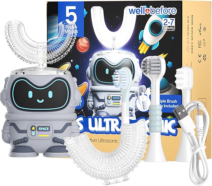 Well Before Kids U Shaped Electric Toothbrush with 5 Brush Heads, Ultrasonic, 5 Modes, IPX7 Waterproof Design (Spaceman, Grey Ages 2-7)