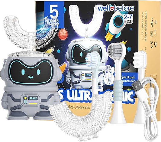 Well Before Kids U Shaped Electric Toothbrush with 5 Brush Heads, Ultrasonic, 5 Modes, IPX7 Waterproof Design (Spaceman, Grey Ages 2-7)