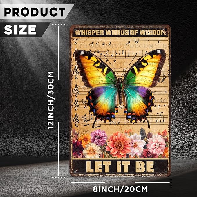 Vintage Garden Tin Sign Whisper Words Of Wisdom Let It Be Retro Butterfly Metal Poster Funny Wall Art Cafe Office Wall Decor for Kitchen Home Bar Pub Club 12 * 8inch-StrideForce Fitness