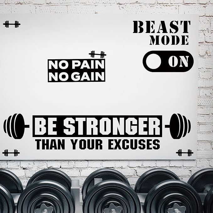 Zonon 3 Pieces Gym Wall Decal, Be Stronger Than Your Excuses, No Pain No Gain Beast Mode Inspirational Quotes Vinyl Wall Art Fitness Exercise Wall Sticker for Gym Office Home Decor-StrideForce Fitness
