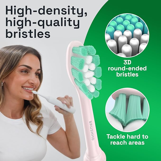 Brushmo Plaque Control Replacement Toothbrush Heads, Compatible with Philips Sonicare Click-on Electric Toothbrush Handles, 8 Standard Replacement Heads, Soft Dupont Bristles, BM928pk, Pink