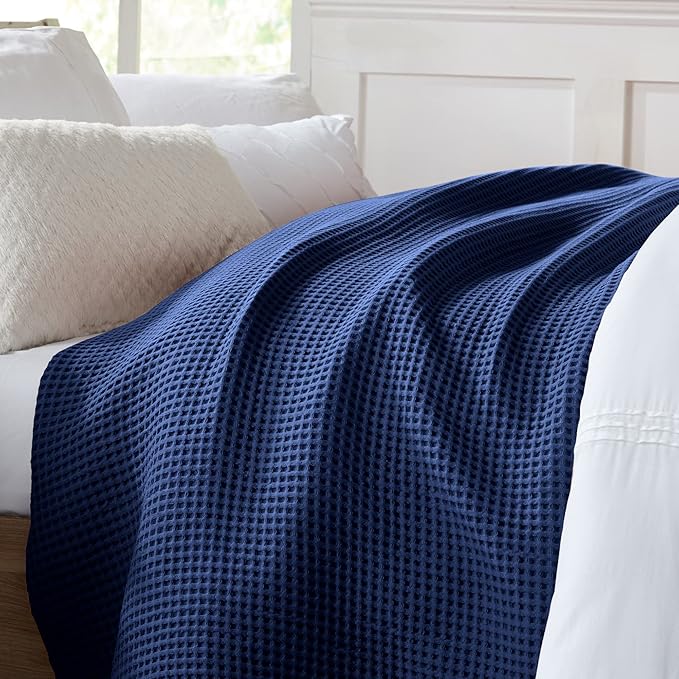100% Cotton Waffle Weave Bed Blanket | Soft, Breathable, and Lightweight Blanket for All-Season | Perfect for Layering | Brielle Collection (King, Navy)-StrideForce Fitness