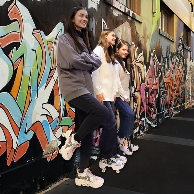 Roller Skate Shoes for Women Four Rounds Children's Roller Skates Shoes That Turn into Rollerskates Sneakers Outdoor Light Shoes with Wheels for Girls/Boys-StrideForce Fitness