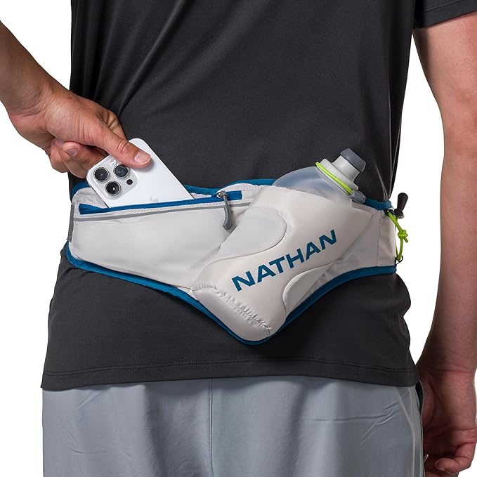 Nathan Peak Running Hydration Waist Pack Belt w/ Speed Draw Flask Water Bottle, 18oz/535 ml Push/Pull Race Cap, Expandable Zippered Stretch Pocket-StrideForce Fitness
