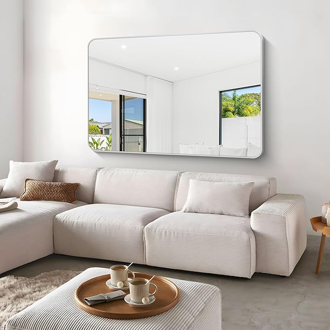 Silver Bathroom Mirror,60x40 inch Wall Mirror for Bathroom Wall Mounted,Rectangle Mirror for Bathroom Over Sink,Modern Frame Round Corner for Living Room,Bedroom Entryway,Horizontal/Vertical-StrideForce Fitness