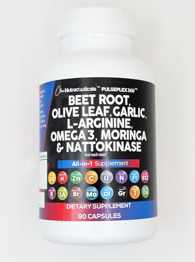 Clean Nutraceuticals Beet Root Capsules Olive Leaf Nattokinase Garlic Extract L-Arginine Omega 3 Red Yeast Rice Hibiscus Danshen - Healthy Support Supplement - 90 Ct-StrideForce Fitness