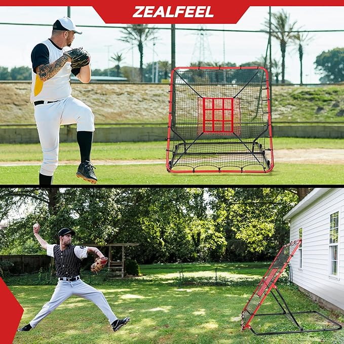 Baseball Rebounder Net, 3/5 Adjustable Angles 4x4.5FT Pitch Back Baseball Softball Volleyball Rebounder with 2 Strike Zones, UV Resistant, Pitchback Trainer for Ground, Line Drive & Fly Balls-StrideForce Fitness