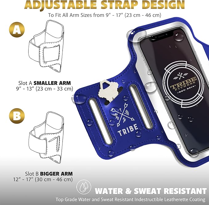 TRIBE Running Phone Holder Armband. iPhone & Galaxy Cell Phone Sports Arm Bands for Women, Men, Runners, Jogging, Walking, Exercise & Gym Workout. Fits All Smartphones. Adjustable Strap, CC/Key Pocket-StrideForce Fitness