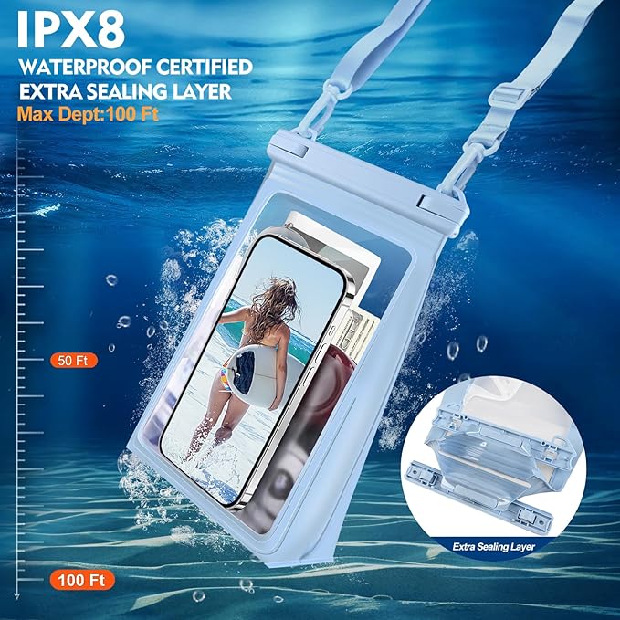 Large Waterproof Phone Pouch Floating, [Double Seals] IPX8 Waterproof Pouch for Beach Vacation, Cell Phone Dry Bag for iPhone Samsung Google All Phones Light Blue-StrideForce Fitness