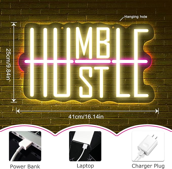HUSTLE Neon Signs for Wall Decor USB Powered With Dimmable LED Neon Lights for Bedroom Man Cave Dorm Gym Room Office Room Humble Led Neon Light Sign for Party Decorations 5v (16.14 "X9.84")-StrideForce Fitness