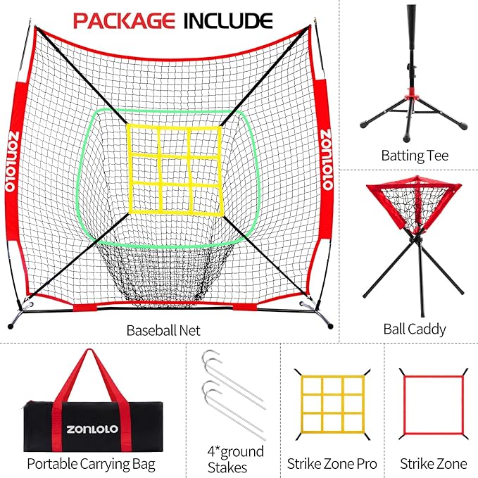 6x6ft Portable Baseball & Softball Net for Hitting，Pitching and Throwing, with Sturdy Bow Frame,Battting Tee,Ball Caddy and 2 Strike Zones, Perfect Pitching net for Kids!-StrideForce Fitness