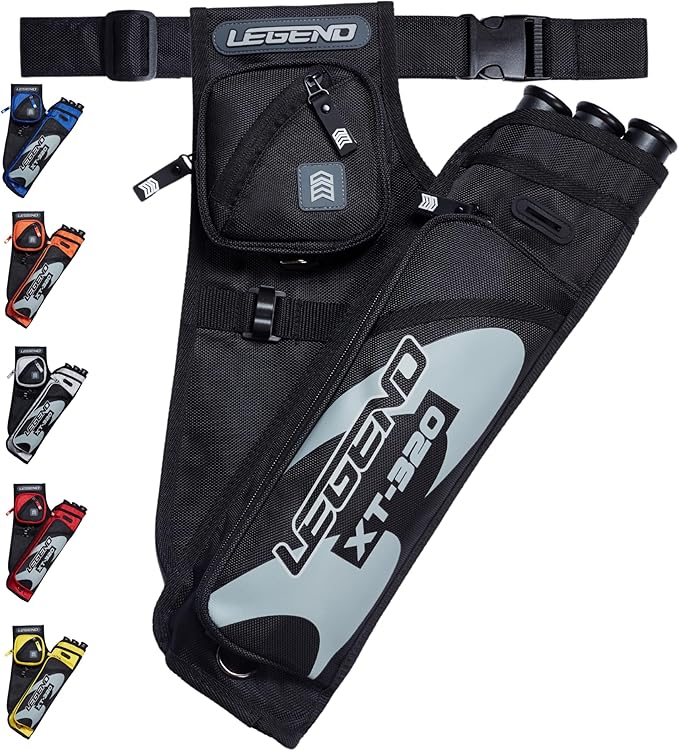 LEGEND XT320 Archery Quivers - Nylon Hip Quivers with 3 Arrow Tube Cases for Target Shooting - Adjustable Waist Belt, T-Slot, Storage Compartments for Accessories, Gear, Tools, Release Tab, Score Card-StrideForce Fitness