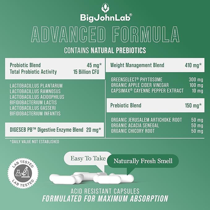 BIGJOHNLAB® - Probiotics for Weight Management & Bloating - 6 Probiotic Strains - Prebiotics - Key Ingredient Cayenne & Green Tea - Supports Gut Health - Weight Management for Women & Men - 30 CT-StrideForce Fitness