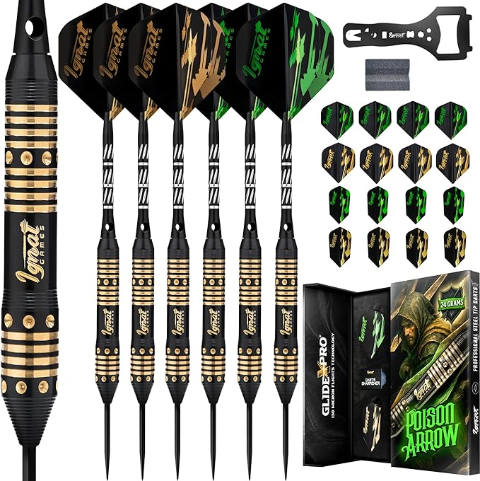IgnatGames Premium Steel Tip Darts – 3/6/12 Pack Brass Barrels with Aluminum Shafts, 16 GlideXPro Flight Set, Tool Kit & Giftable Case-StrideForce Fitness