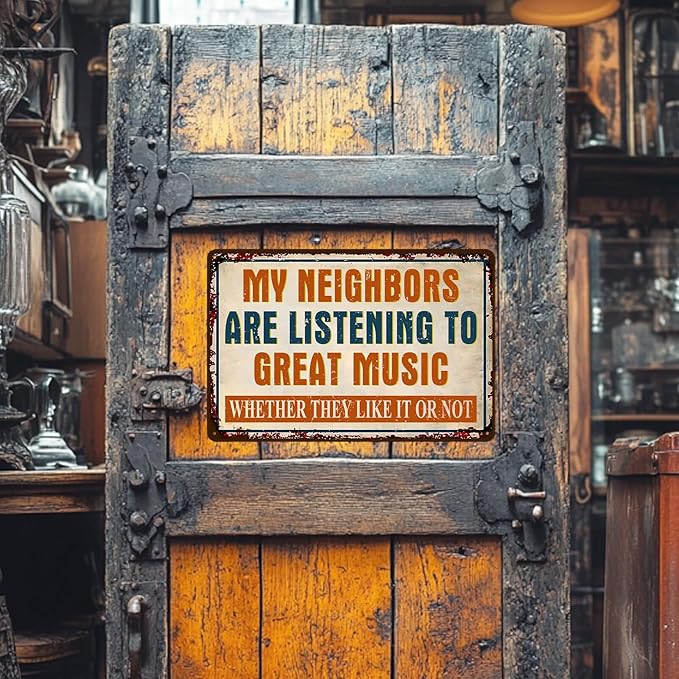 Man Cave Signs Garage Decor Vintage Music Wall Art for Game Room Patio Home Bar - Funny Garage Accessories for Men My Neighbors Are Listening To Great Music Metal Sign Gifts 8x12 Inch-StrideForce Fitness
