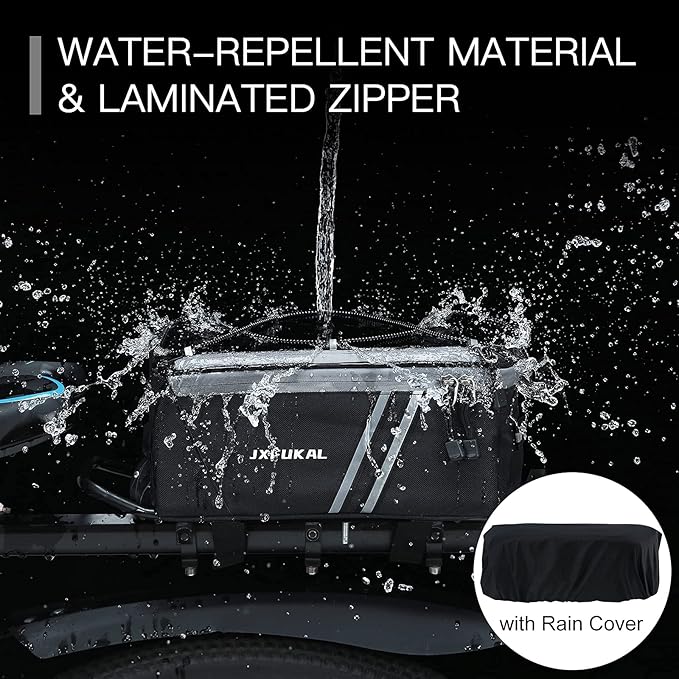 JXFUKAL Rear Bike Rack Bag with Rain Cover, 7L/9L/10L/12L Waterproof Bicycle Ebike Saddle Bag Cycling Pannier Trunk Carrier with Reflector & Adjustable Cord for Commuter Travel Outdoor-StrideForce Fitness