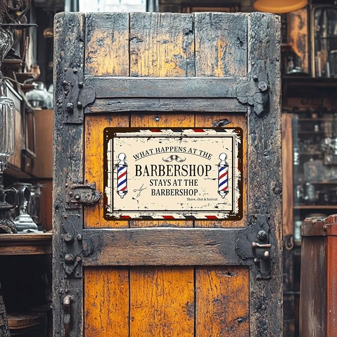 Barber Shop Decor Accessories - Vintage Barbershop Metal Tin Signs Haircut Wall Art Posters Gifts for Men Decorations - What Happens At The Barbershop Stays At The Barbershop Sign 8x12 Inch-StrideForce Fitness