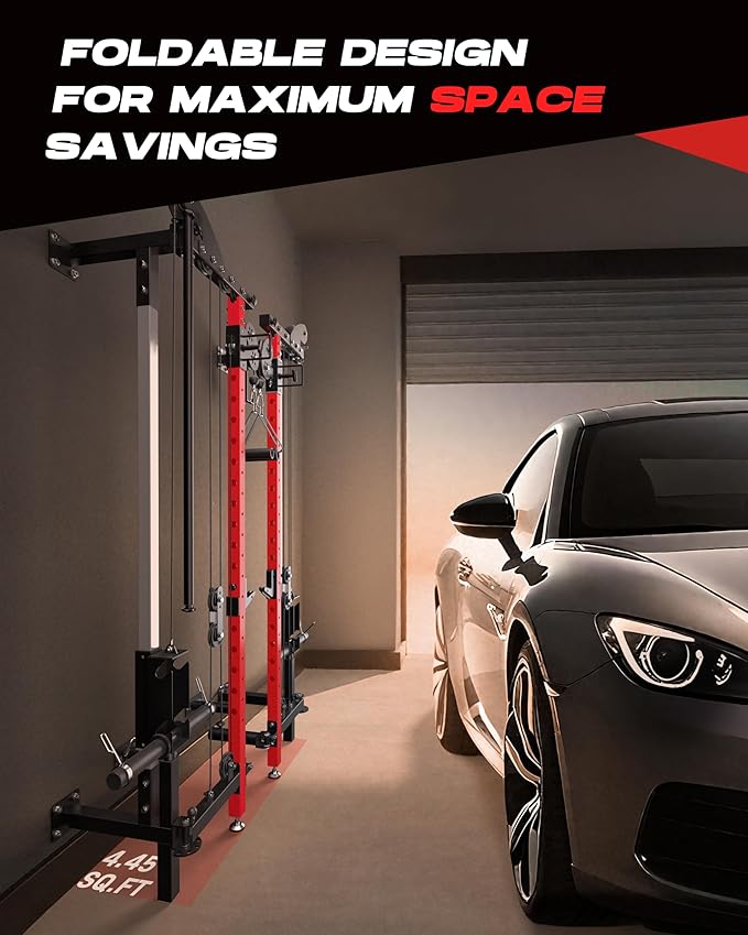 Folding Power Rack, Wall Mounted Squat Rack with Dual Independent Pulley System, Multi-Function Power Cage with 5 Adjustable Function Modes, Power Rack Trainer for Space Saving Home Gym-StrideForce Fitness