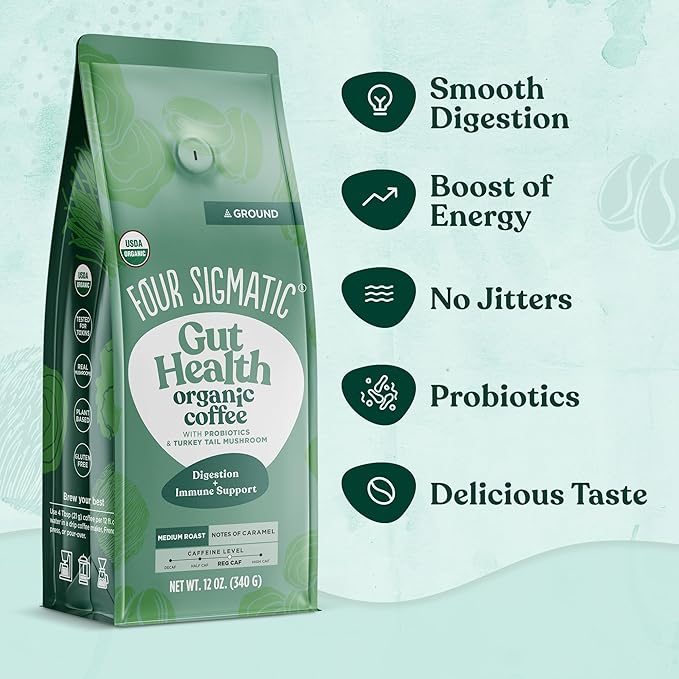Four Sigmatic Gut Health Organic Ground Coffee | Medium Roast, Immune Boosting Probiotic Mushroom Coffee with Chaga & Turkey Tail for Gut Health & Immune Support | 12oz Bag-StrideForce Fitness
