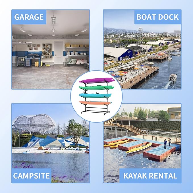 Kayak Storage Rack, Heavy Duty Kayak Stand Canoe Rack with Wheels, Freestanding Kayak Holder Stand for Kayaks, Canoes, Surfboard, Paddleboard Storage-StrideForce Fitness