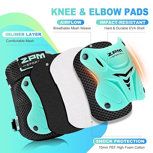 2PM SPORTS Knee Pads for Kids, Wrist Guards Knee and Elbow Pads Set with Drawstring Bag, Protective Gear Set for Girls Boys Roller Skating Cycling Skateboard - Mint Medium-StrideForce Fitness
