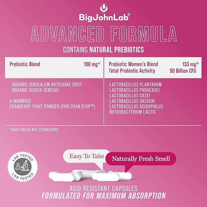 BIGJOHNLAB® - Women's Probiotic Supplement – 50 Billion CFU, 6 Active Strains + Prebiotics – Supports Digestion, Immunity & Wellness – Acid-Resistant, Dairy & Sugar Free, No Refrigeration, 30 Capsules-StrideForce Fitness