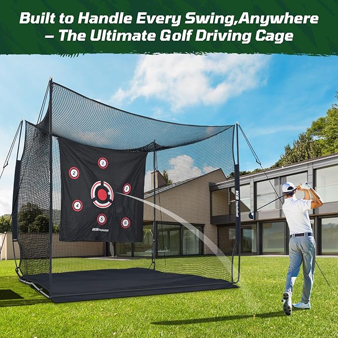 Haokelball Golf Hitting Cage,10x8x6ft Golf Practice Net with Target Cloth & Carry Bag, Heavy-Duty Golf Cage Net for Backyard, Indoor & Outdoor-StrideForce Fitness