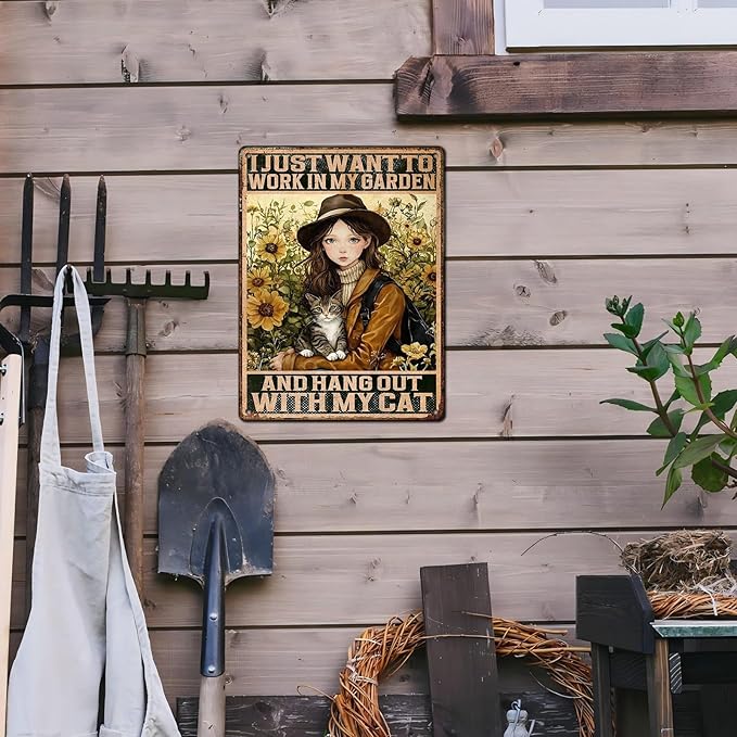 Cat Garden Vintage Tin Sign I Just Want To Work In My Garden and Hang Out With My Cat Retro Metal Tin Sign Sunflower Decor for Home Fence Porch Room Wall Decor Poster 12 * 16inch-StrideForce Fitness