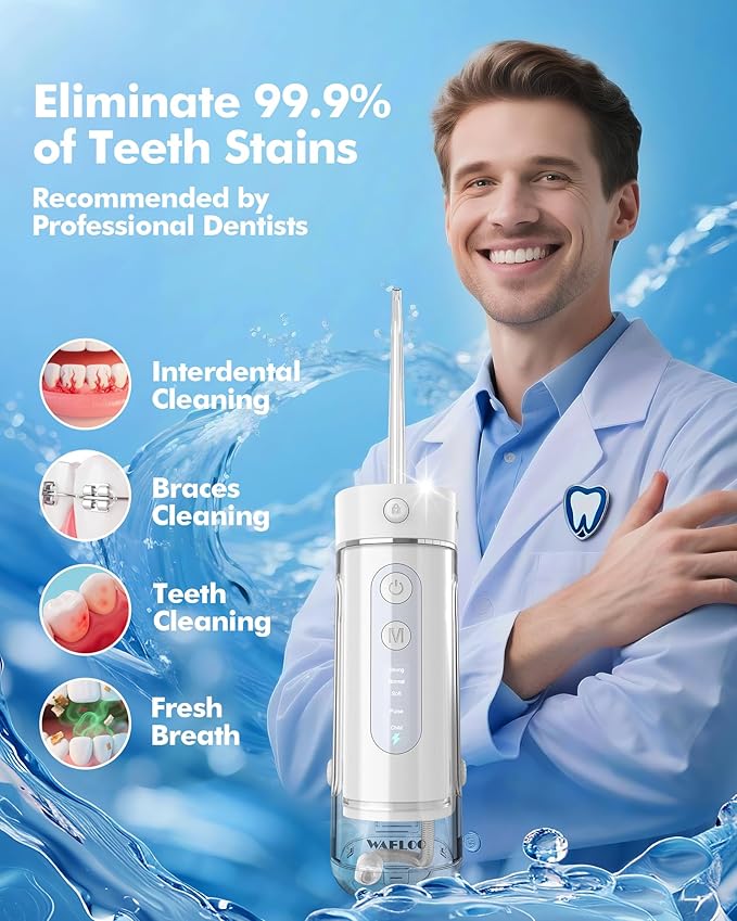 Water Flosser Travel Mini Cordless Portable: 5 Modes Water Dental Floss with Telescopic Water Tank, 4 Tips, IPX7 Waterproof Oral Irrigator for Teeth Cleaning, Orthodontic, Braces Dental Care