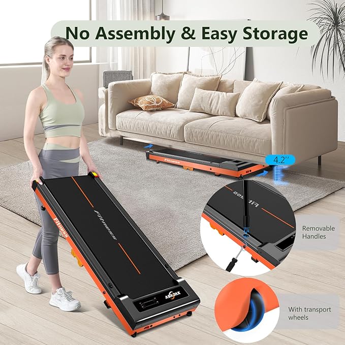 Walking Pad, Under Desk Treadmill for Home, Portable Treadmill 300 lbs Capacity (Orange-Handrail New)-StrideForce Fitness