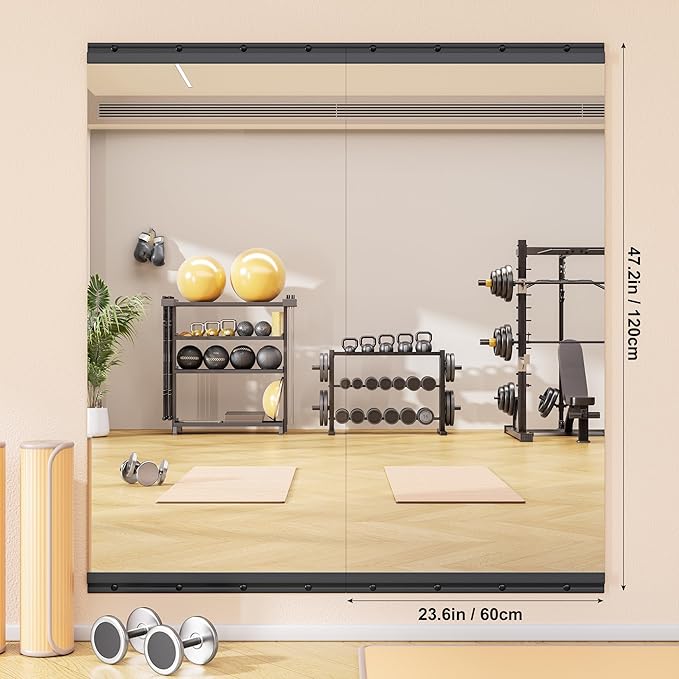 Hasipu 2 Pcs 48''x24'' Home Gym Mirror Large Full Length Wall Mounted Full Body Mirror for Yoga Dance Fitness Exercise Studio Bedroom Garage, Frameless Tempered Glass Workout Mirrors Black Rectangular-StrideForce Fitness