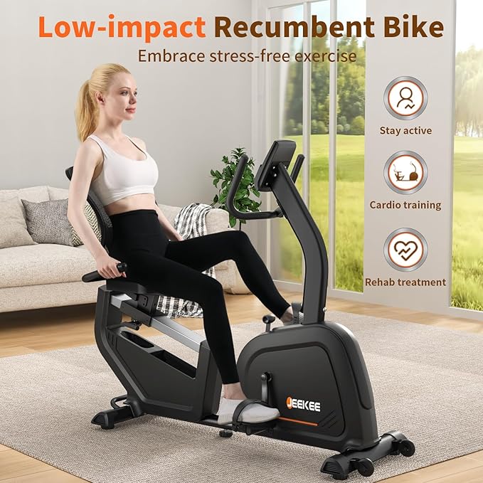 JEEKEE Recumbent Exercise Bike for Seniors,Stationary Bikes for Home, 300LB Capacity & 16 Levels Magnetic Resistance, Heart Rate Handle-StrideForce Fitness