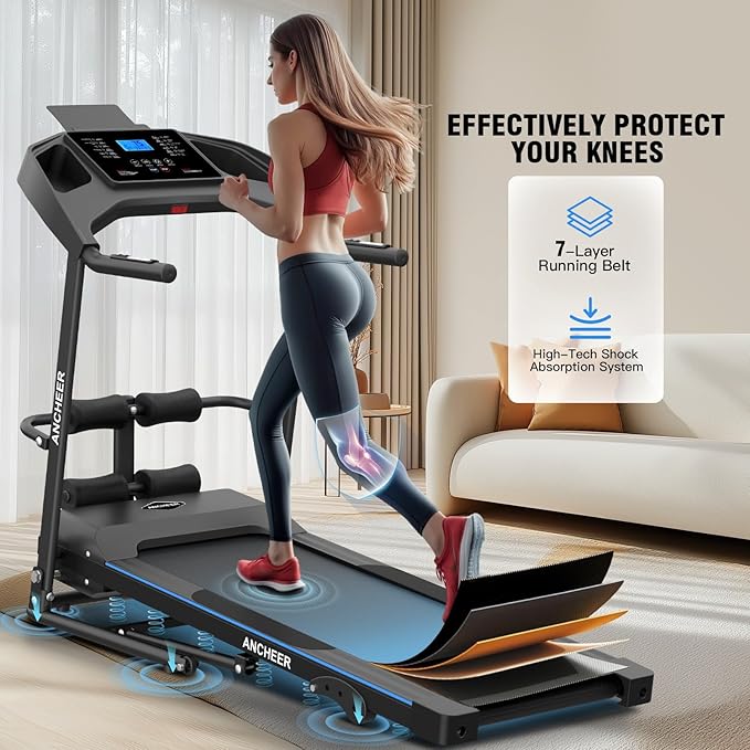 ANCHEER Foldable Treadmill with Sit Up Bench, 2025 Upgrade 3.5HP Portable Treadmills for Home with Incline 350 lbs Capacity, Smart LCD Display Body Fat& Heart Rate, Multifunction Exercise Equipment-StrideForce Fitness