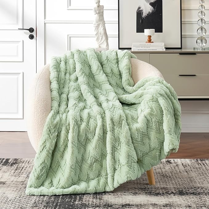 Cozy Bliss Faux Fur Throw Blanket for Couch - Soft Fuzzy Cozy Throw Gift Blankets for Women,Sage Green Boho Blanket for Sofa Bedroom Living Room.60 * 80 Inches-StrideForce Fitness