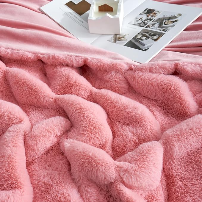 Cozy Bliss Faux Fur Throw Blanket for Couch, Cozy Warm Plush Striped Blanket for Sofa Bedroom Living Room, 90 * 90 Inches Hot Pink-StrideForce Fitness