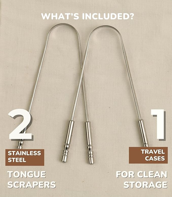 Nature's Own Tongue Scraper for Adults & Kids, Stainless Steel Tongue Cleaner for Fresh Breath, Remove Buildup, Oral Care Tool, Tongue Scrubber for Hygiene, Ayurvedic Tongue Cleaning Kit (Pack of 2)