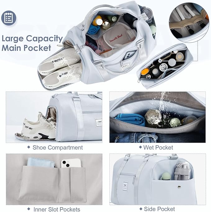 FIORETTO Womens Gym Tote Duffle Bag with Toiletry Bag, Sports Duffel Overnight Hospital Workout Carry on Bag for Girls with Wet Pocket & Shoe Compartment, Ideal for Travel, Swimming, Dance Grey-StrideForce Fitness