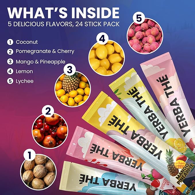 Yerba Mate Tea Powder 5 Mixed Tropical Fruit Flavors Clean Energy Drink Superfood - Support Gut Health, Probiotics and Prebiotics, Reduce Brain Fog, Relaxation & Focus Blend 30 sachets-StrideForce Fitness