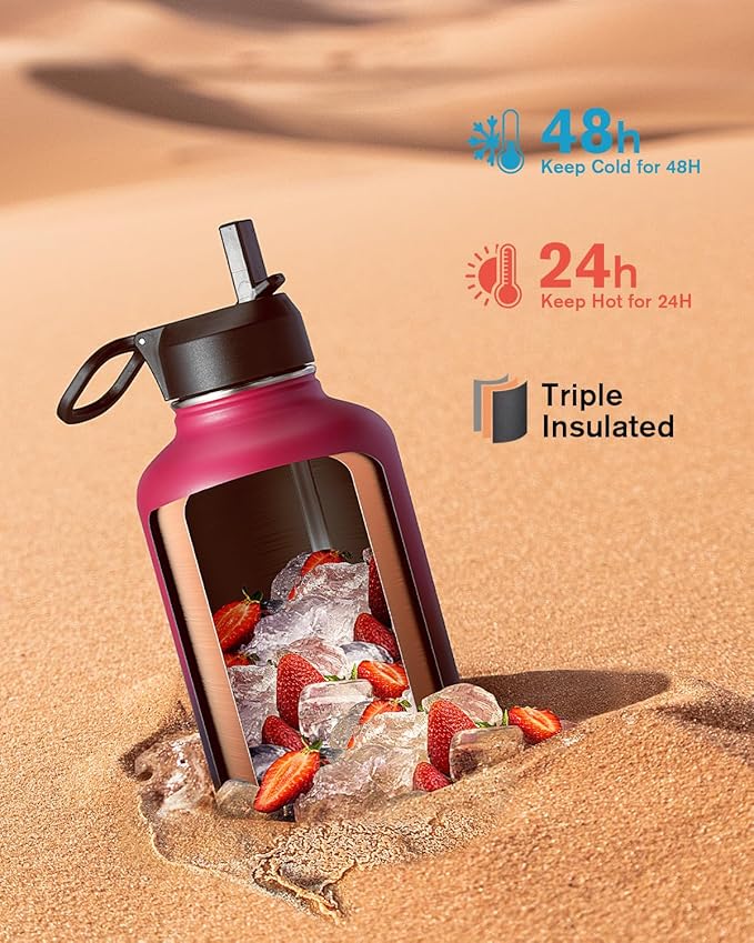 Half Gallon Water Bottle Insulated with Straw & 3 Lids, Coolflask 64 oz Water Jug Large Metal Stainless Steel Wide Mouth for Sports, Gym or Office, Non-BPA Keep Cold 48H Hot 24H, Ombre Wine/Navy-StrideForce Fitness