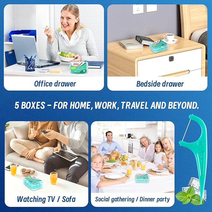 Floss Picks, 300 Count Mint Dental Floss Picks, Toothpicks with 5 Travel Cases for Extra Convenience, Helps Prevent Cavities, Remove Plaque & Freshen Breath, Premium Floss Sticks for Family