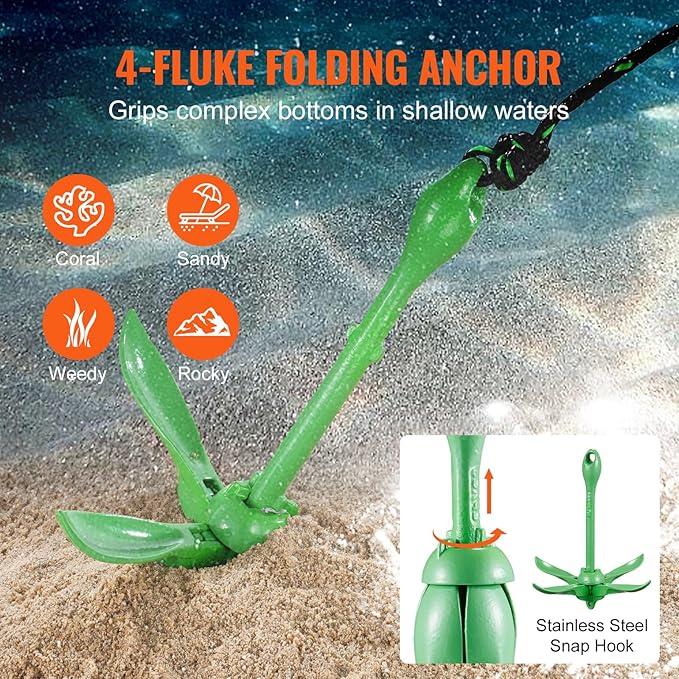 VEVOR Kayak Anchor Kit, 3.5 lb Paddle Board Anchor Kit with 26.2 ft/8 m Rope and Buoy, Folding Small Boat Anchor with Storage Bag and Snap Hook, Kayak Accessories for Kayaks, Small Boats, Canoes-StrideForce Fitness